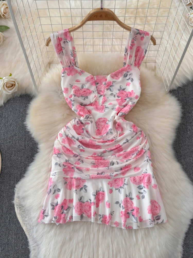 SsTss Summer Sweet Pink Floral Print Mesh Bodycon Dress for Women Elegant Square Neck Sleeveless Slim Ruched Ruffles Party Dress