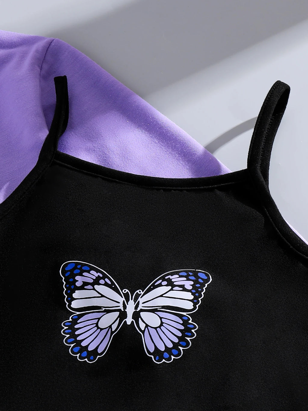 Spring and autumn children's wear girls fashion outdoor casual purple hooded sweatshirt + butterfly print black vest dress set