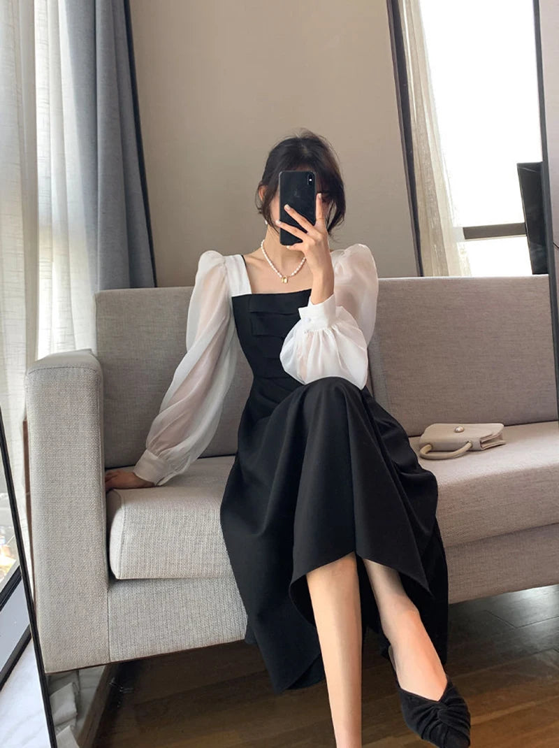 Korean Black Dress Women Elegant Fashion Summer Office Ladies High Waist Dress Chiffon Patchwork Square Collar A Line Vestidos