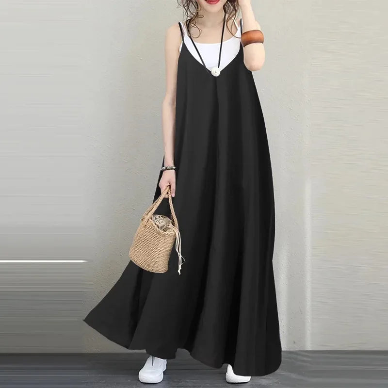 Women Loose Slip Dress Sexy V Neck Backless Sleeveless Solid Baggy Beachwear Holiday Party Dresses Oversized JYFS-4652