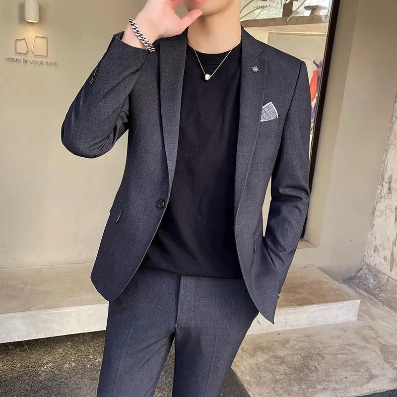 ( Blazer + Pants ) High End Brand Plaid Men's Casual Formal Office Business Suit Groom Wedding Dress Slim Suit Jacket Trousers