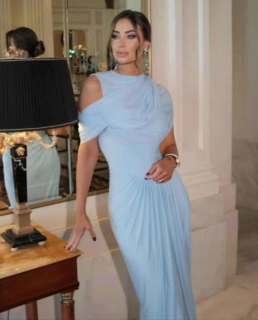 Elegant Shawl Ruched Asymmetrical Maxi Women Dress Summer Light Blue Slim Light Blue Party Dress Female Chic Evening Prom Gowns