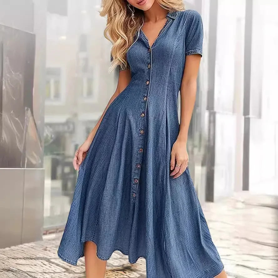 V-neck Single Breasted Denim Shirt Dress for Women Harajuku Summer Party Long Dresses Elegant Short-sleeved Slim-fit Denim Dress