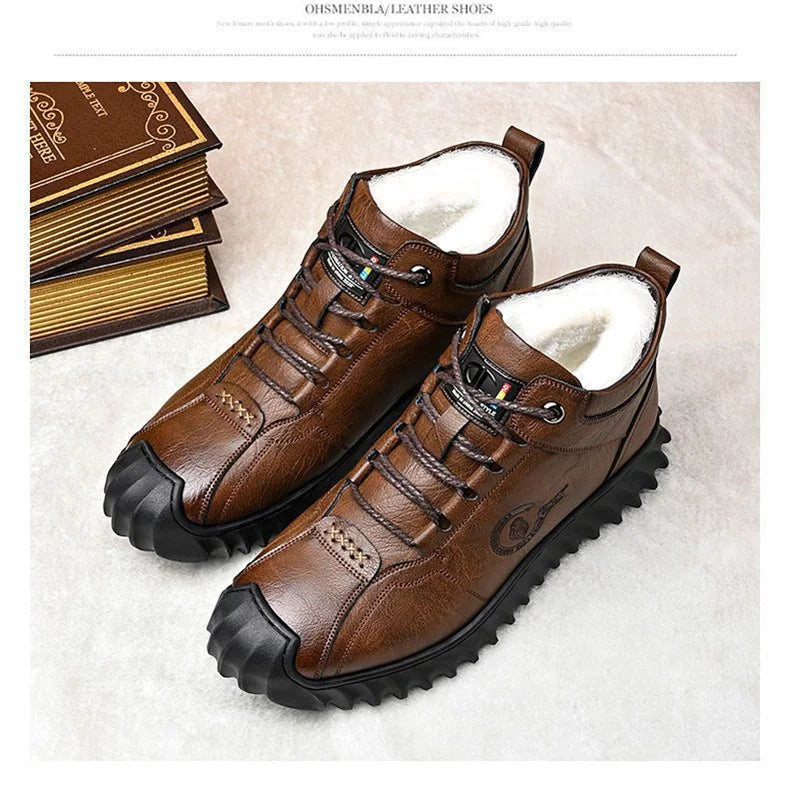 CINESSD New Warm Winter Velvet Men's Snow Boots Non-slip Men's Leather Boots Thick Bottom Dad Shoes