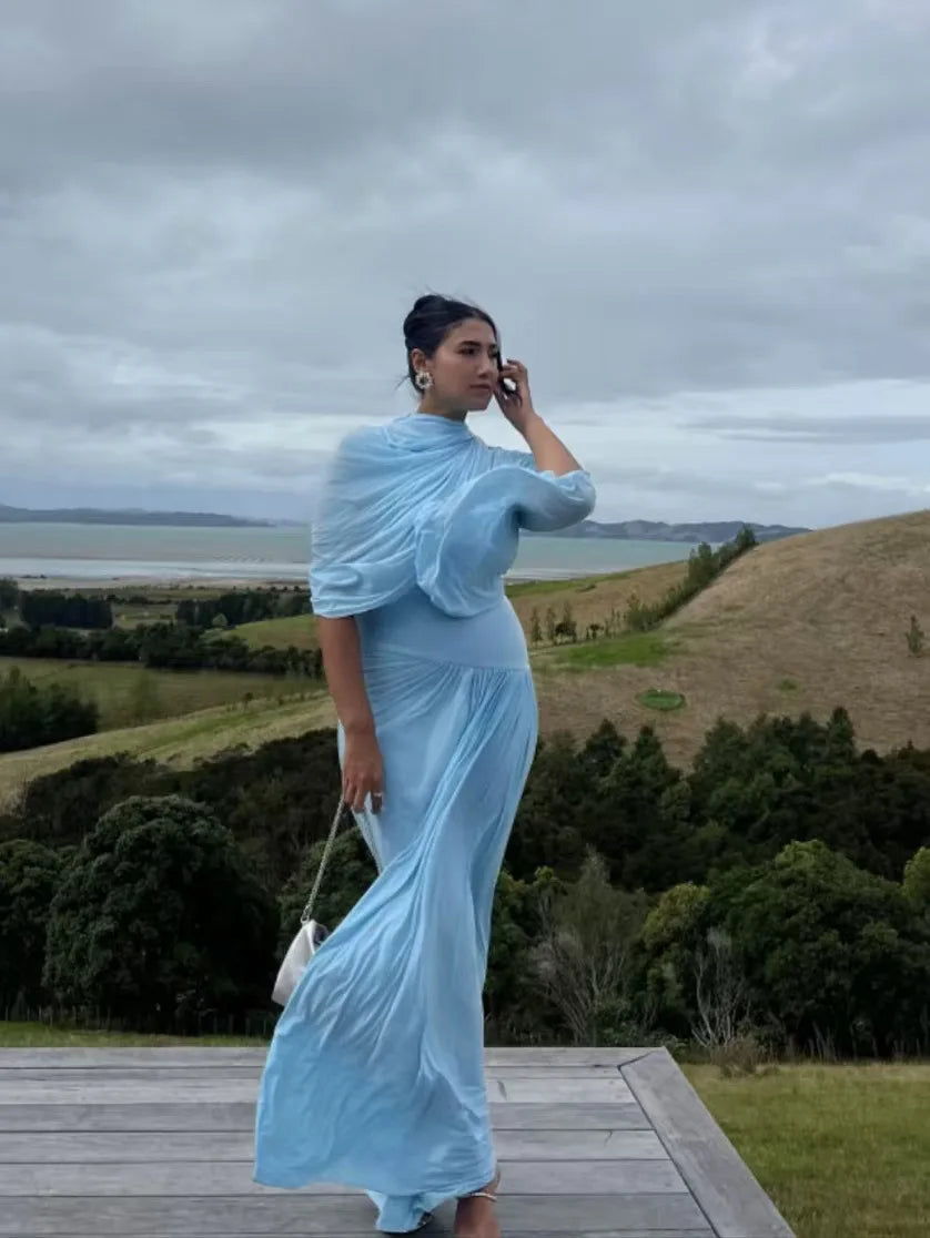 Elegant Shawl Ruched Asymmetrical Maxi Women Dress Summer Light Blue Slim Light Blue Party Dress Female Chic Evening Prom Gowns