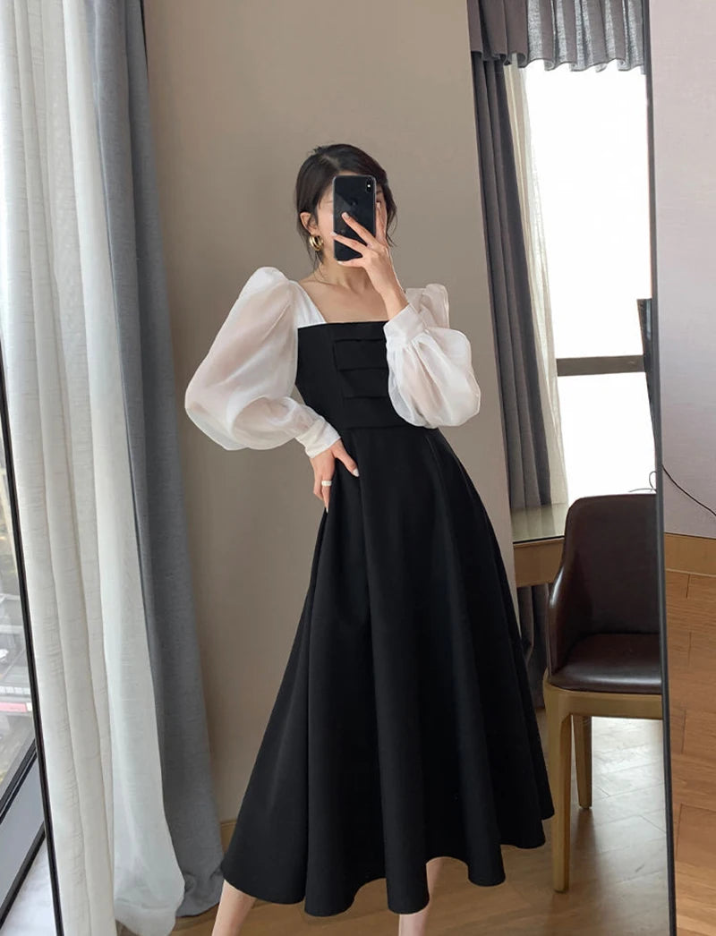 Korean Black Dress Women Elegant Fashion Summer Office Ladies High Waist Dress Chiffon Patchwork Square Collar A Line Vestidos