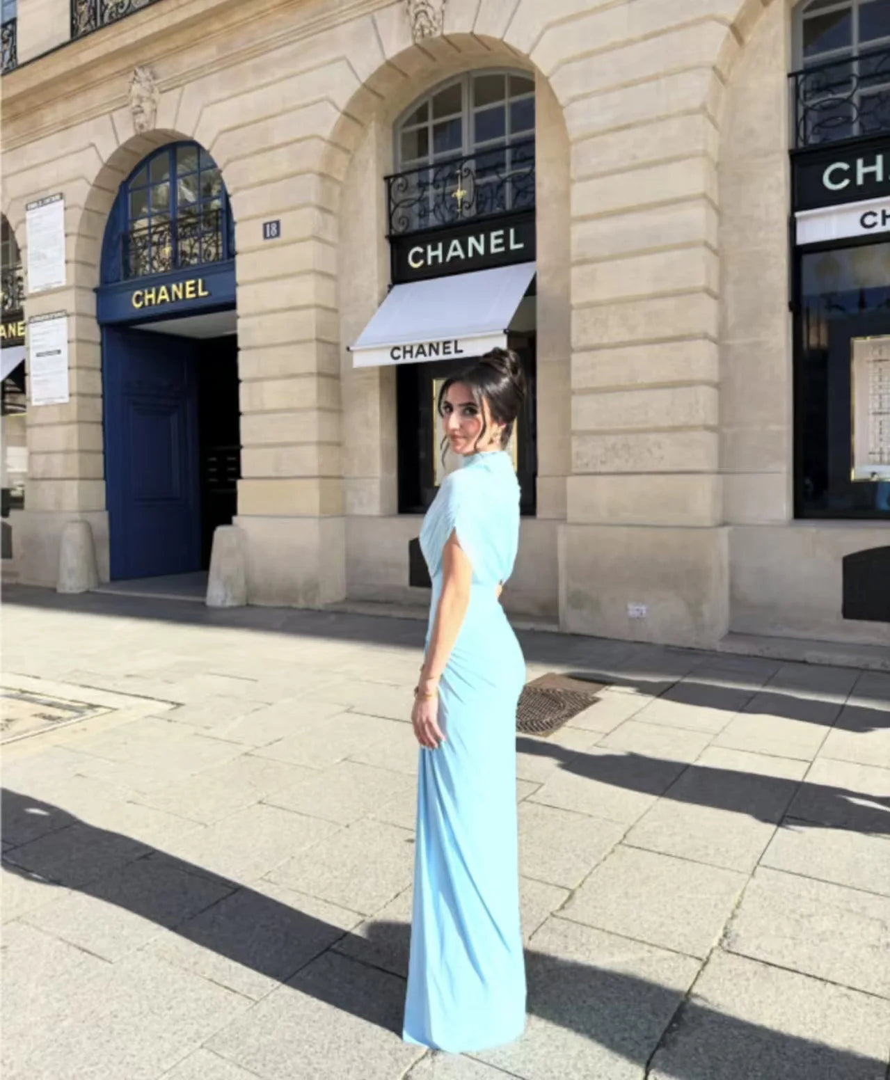Elegant Shawl Ruched Asymmetrical Maxi Women Dress Summer Light Blue Slim Light Blue Party Dress Female Chic Evening Prom Gowns