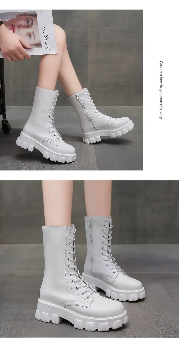 2024 Winter Shoes Women White Boots Autumn Fashion PU Leather Platform Gothic Boots Punk Combat Mid-Calf Boots For Women Booties