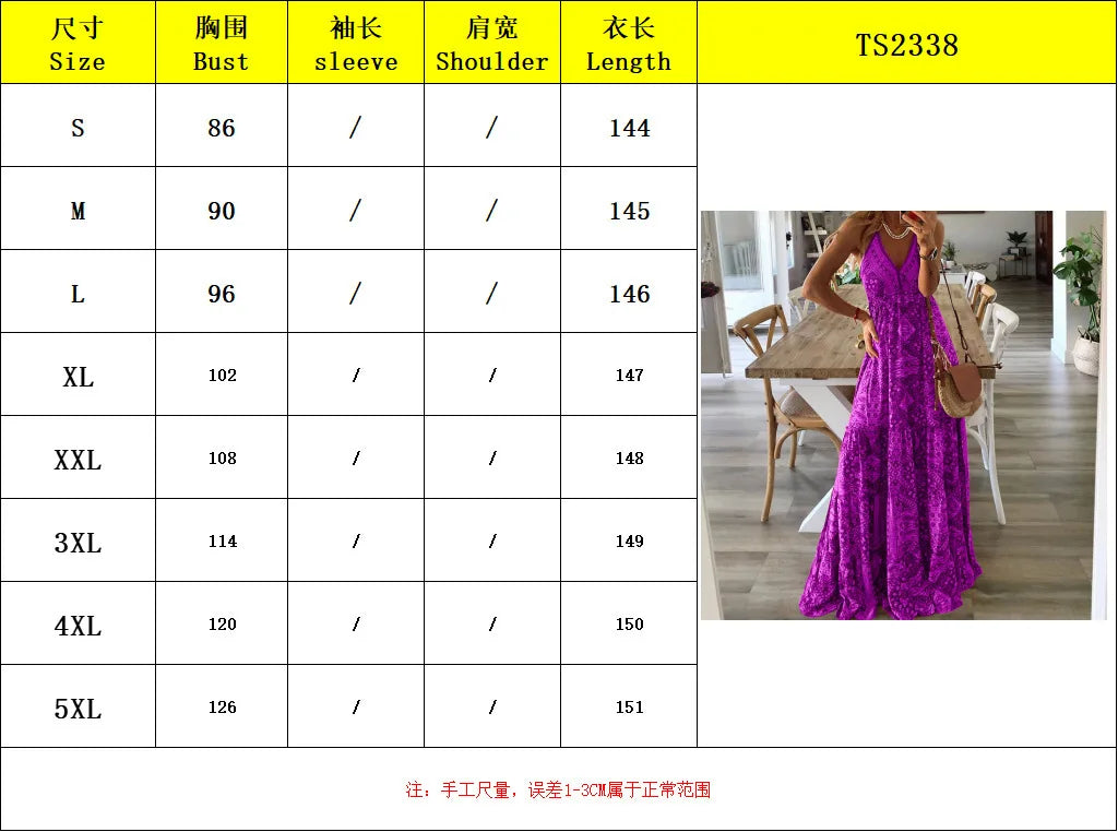 Bohemian Style Women's Clothing Long Dress New  Suspender Long Dress High Waist V-neck Printed Floral Dress Women's Clothing