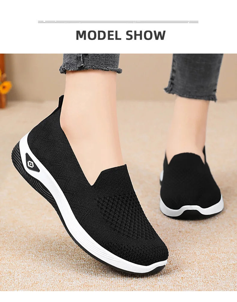 Women's Solid Color Breathable Sneakers, Soft Sole Lightweight Slip On Walking Shoes, Low-top Knitted Casual Shoes