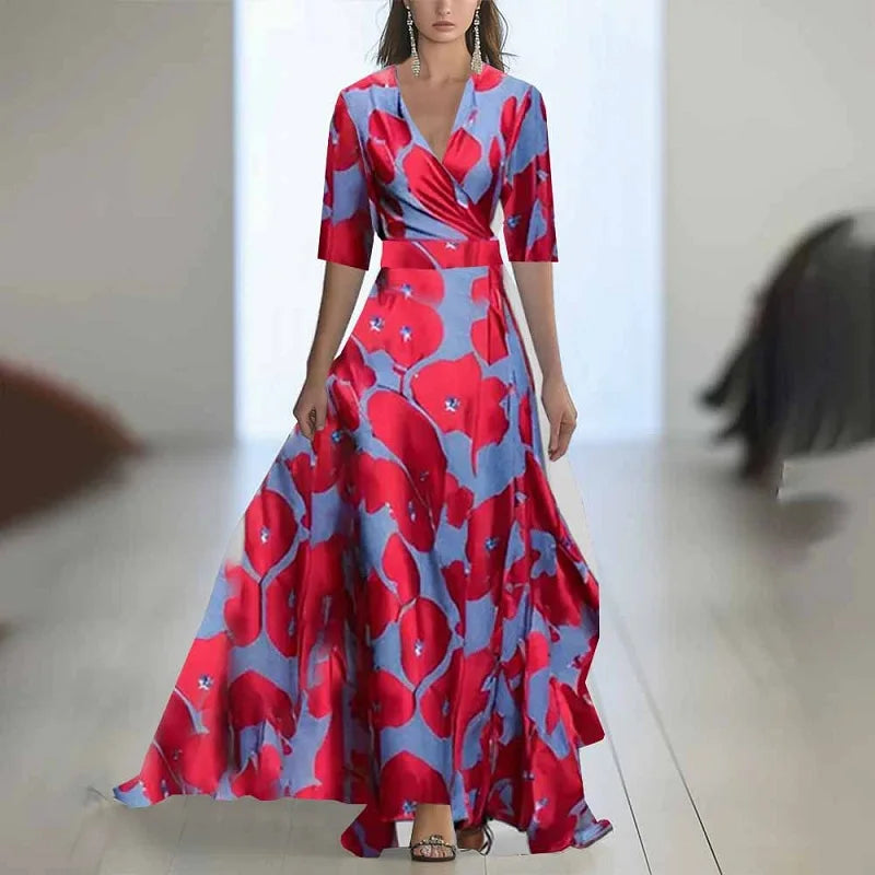 Robes Woman Elegant Floral Print Patchwork Maxi Dress Sexy V Neck High Waist Long Dress Spring Puff Sleeves Loose Bohemian Dress