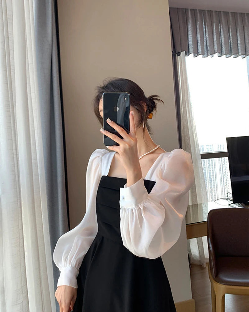 Korean Black Dress Women Elegant Fashion Summer Office Ladies High Waist Dress Chiffon Patchwork Square Collar A Line Vestidos