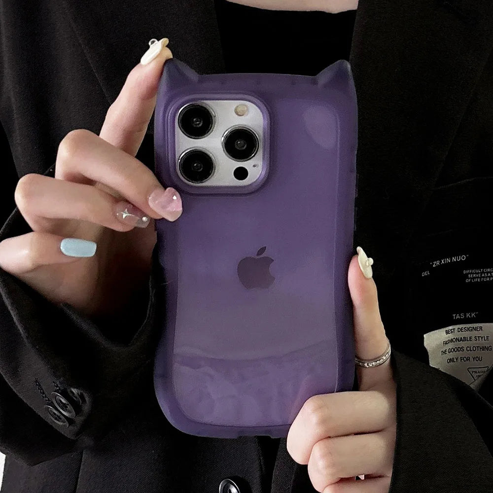Korea Cute 3D Cat Ear Transparent Phone Case For iPhone 11 12 13 14 15 16 Pro Max Matte Silicone Shockproof Protective Cover