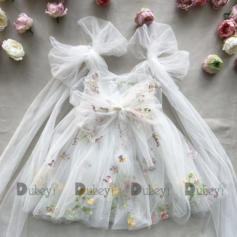 2026 Baby Embroidery Dress Girl Summer Dress Floral Bows Sleeveless Ballarina Dance Performance Dress Girls Tutus Clothes
