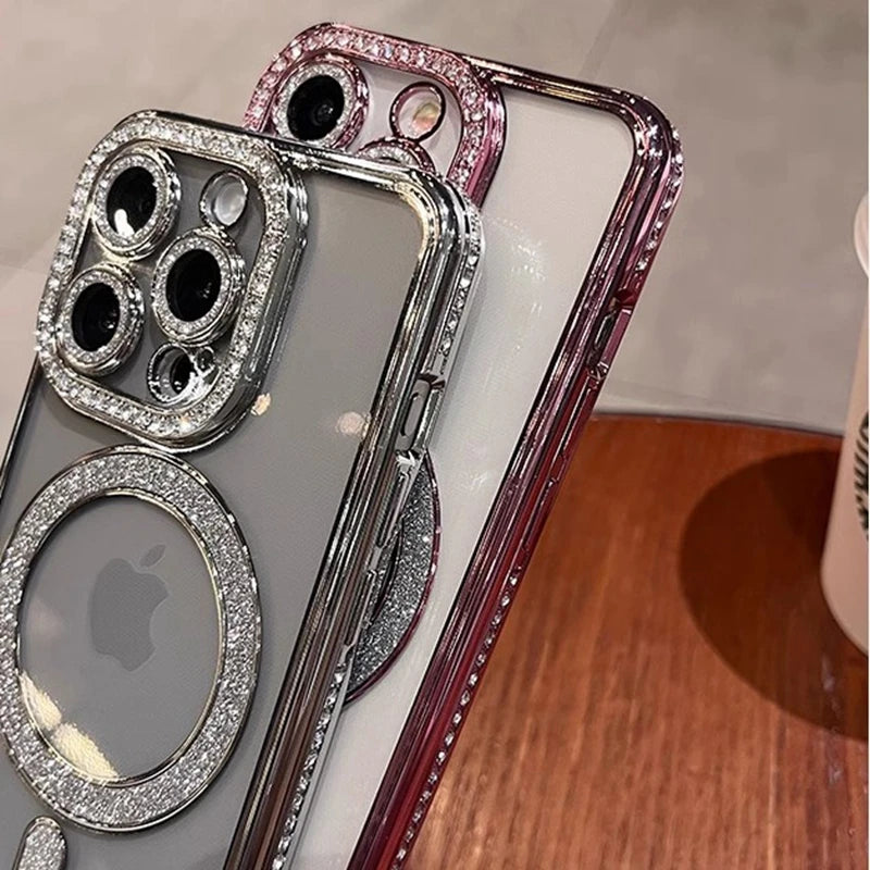 Luxury Glitter Diamond Clear Phone Case For iPhone 15 11 12 13 14 Pro Max Magsafe Magnetic iphone Case Wireless Charging Cover