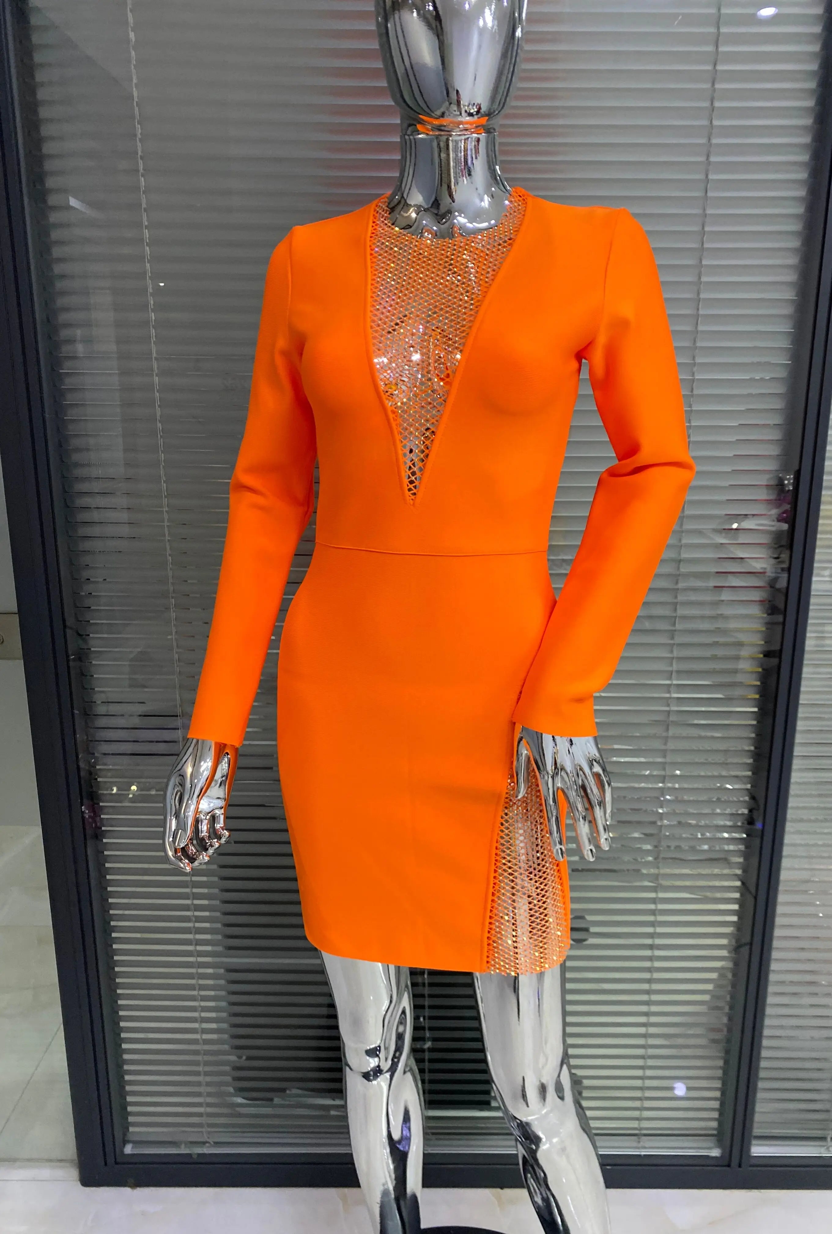 New Winter Women Black Beading Long Sleeve Rayon Bandage Sexy Hollow Out Mini Club Celebrity Runway Party Dress