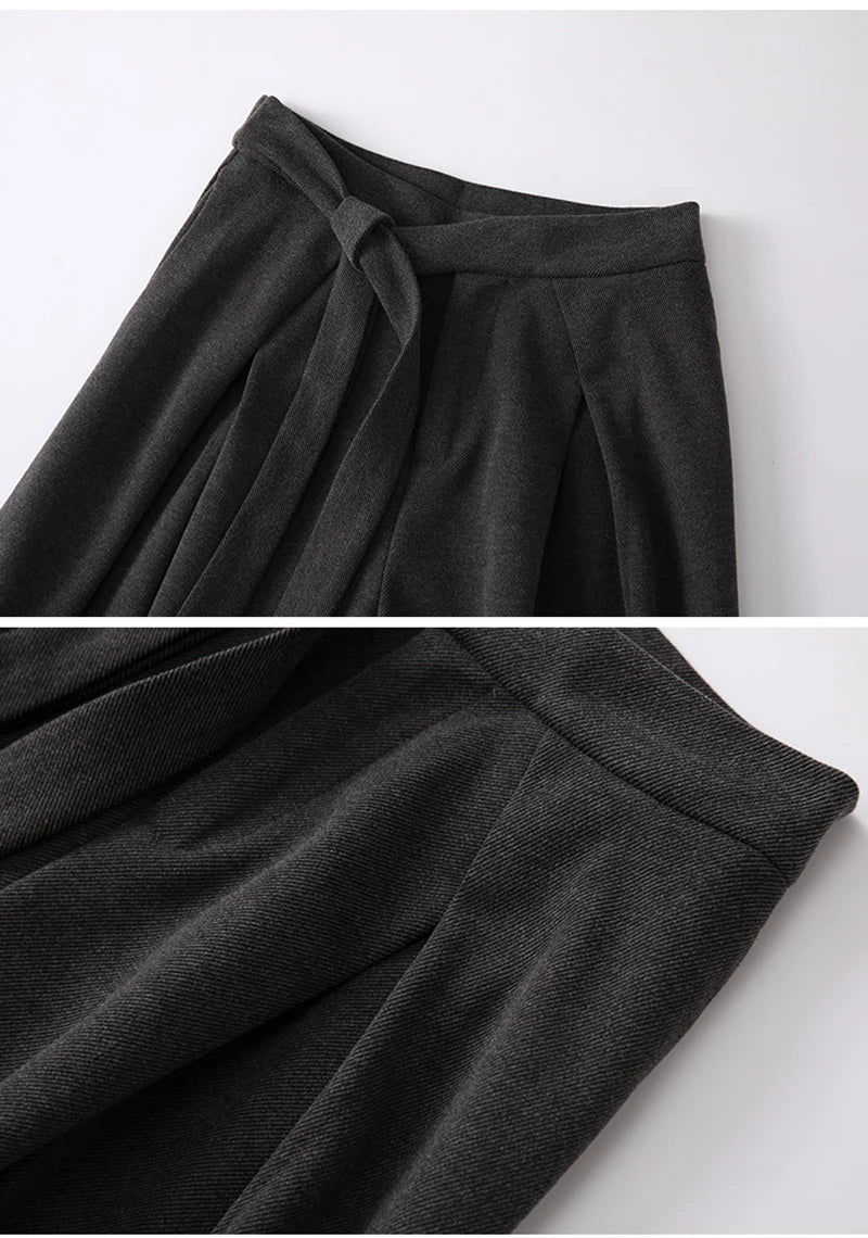 MEXZT Woolen Wide Leg Pants Women Fashion Lace Up Black Baggy Suit Pants Winter Streetwear Korean Casual Straight Trousers New