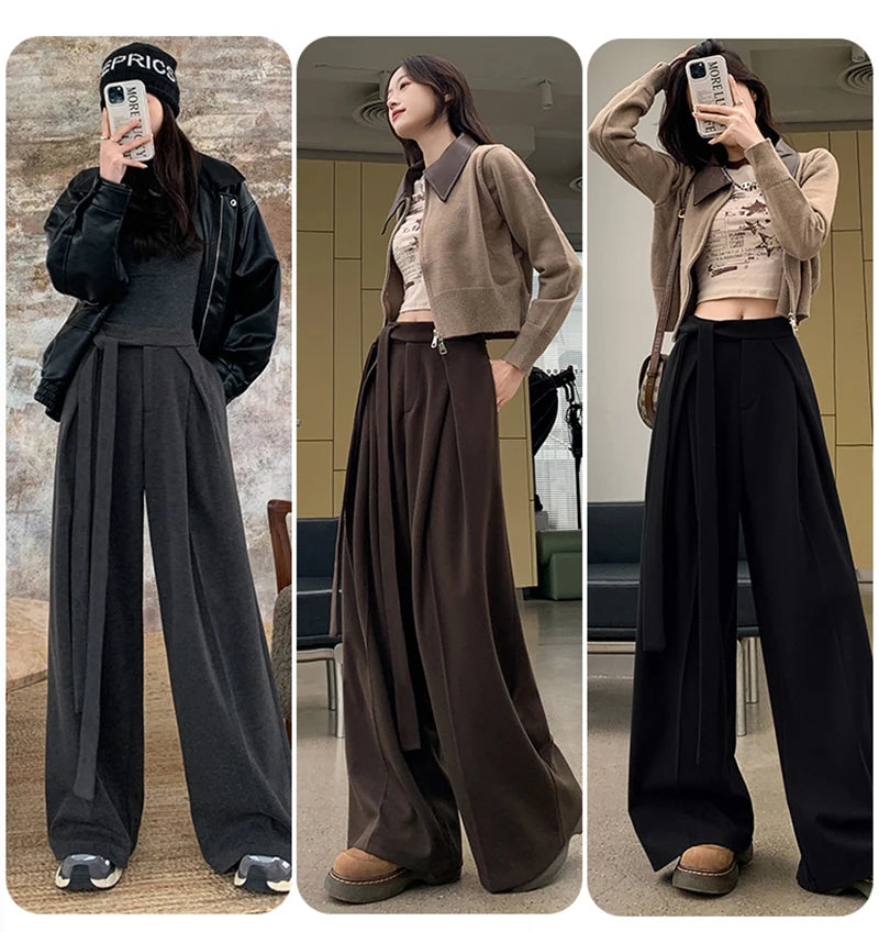 MEXZT Woolen Wide Leg Pants Women Fashion Lace Up Black Baggy Suit Pants Winter Streetwear Korean Casual Straight Trousers New