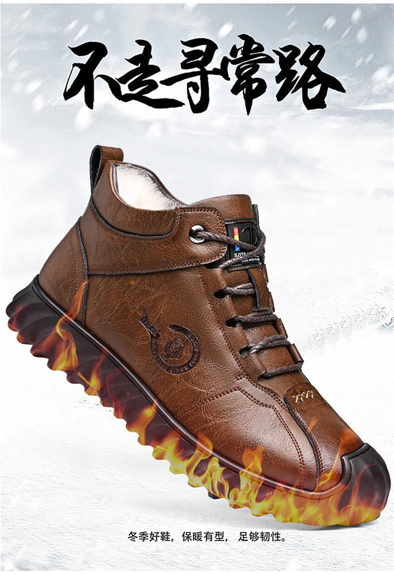 CINESSD New Warm Winter Velvet Men's Snow Boots Non-slip Men's Leather Boots Thick Bottom Dad Shoes