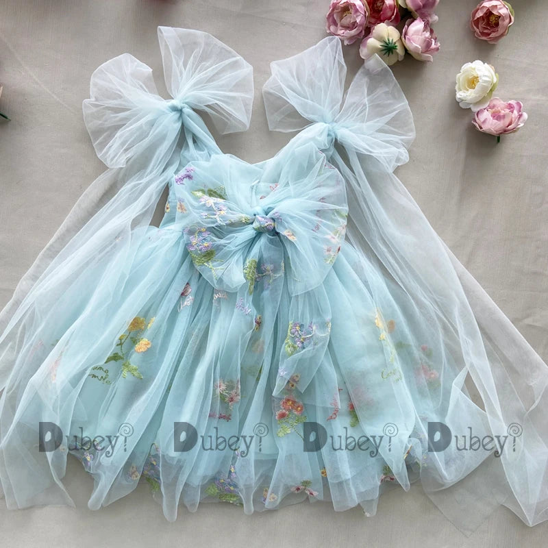 2026 Baby Embroidery Dress Girl Summer Dress Floral Bows Sleeveless Ballarina Dance Performance Dress Girls Tutus Clothes