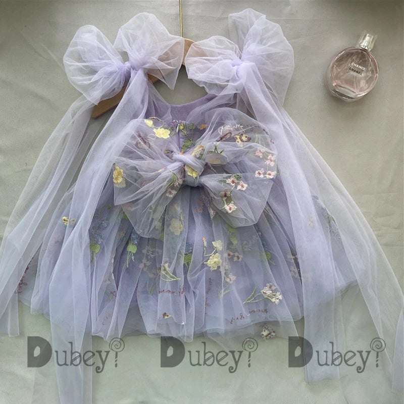 2026 Baby Embroidery Dress Girl Summer Dress Floral Bows Sleeveless Ballarina Dance Performance Dress Girls Tutus Clothes