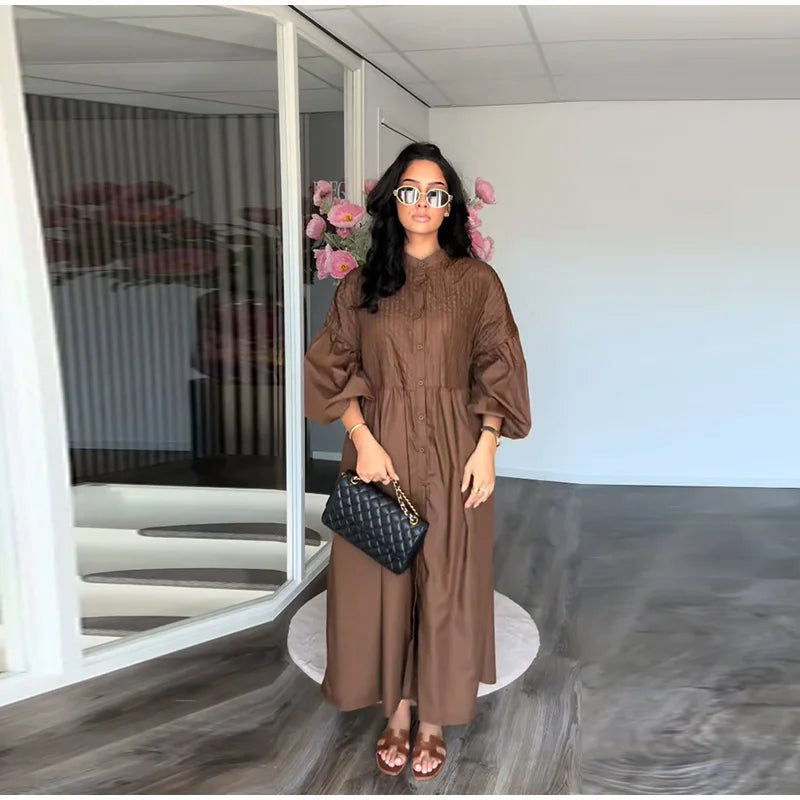 Loose Single Breasted Pleated Long Dress Women Elegant O-neck Lantern Sleeve A-line Party Dresses 2025 Summer Lady Casual Robes
