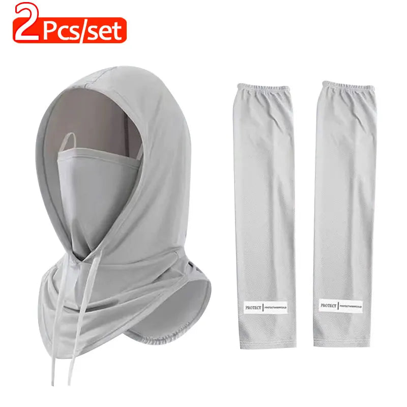 2Pcs Breathable Full Head Mask and Arm sleeve Set Unisex Summer Cooling Long Balaclava Face Mask Neck Cover for Cycling Fishing