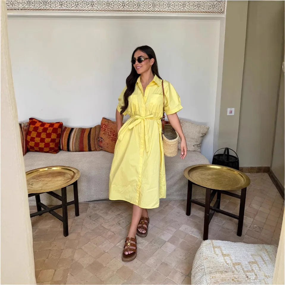 Fashion Commuter Long Skirt Office Elegant Lapel Shirt Dress Women Casual Elegant Single-breasted Short-sleeved Party Dress