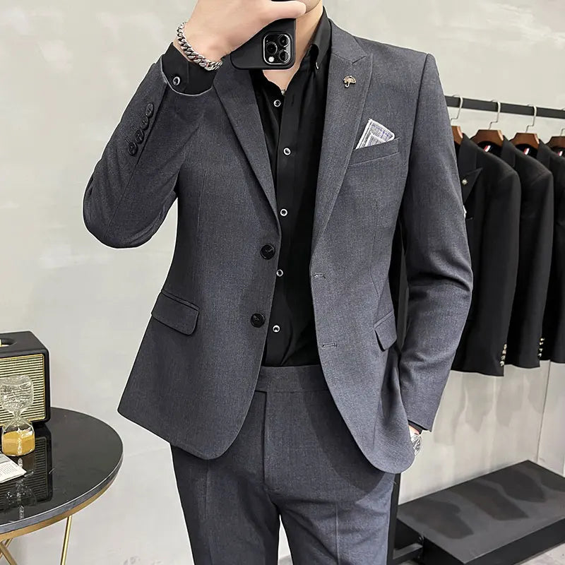 ( Blazer + Pants ) High End Brand Plaid Men's Casual Formal Office Business Suit Groom Wedding Dress Slim Suit Jacket Trousers