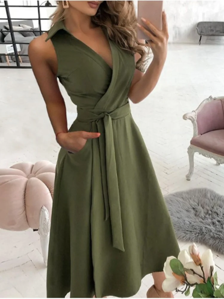 V-neck Lace Up Short Sleeved Solid Color Pocket Women's Dress Elegant Office Fashion Commuting Style Summer Dress
