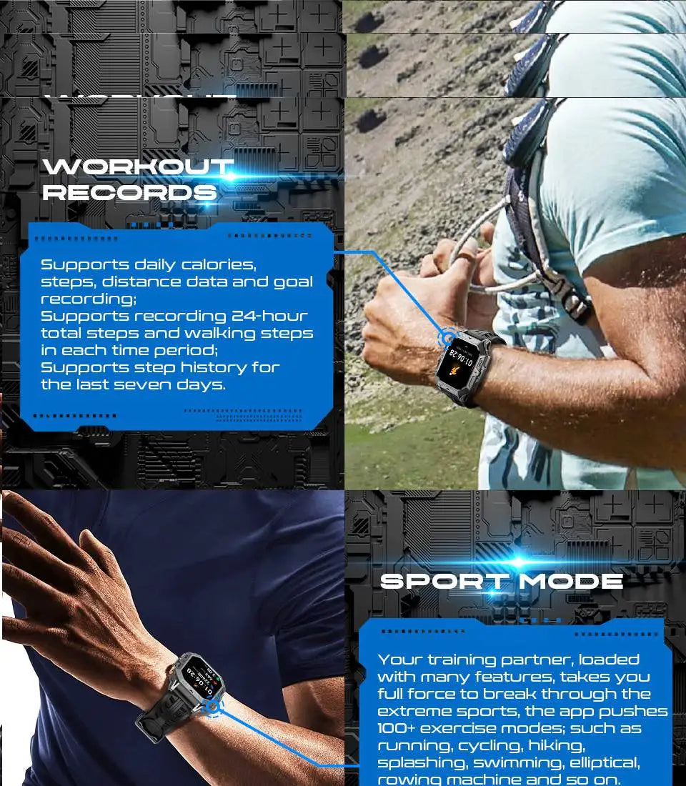 Men's Rugged Smart Watch 2.13" AMOLED HD Touch Screen Heart Rate Monitor 10M Waterproof 1000mAh Compass Outdoor Sports Watch