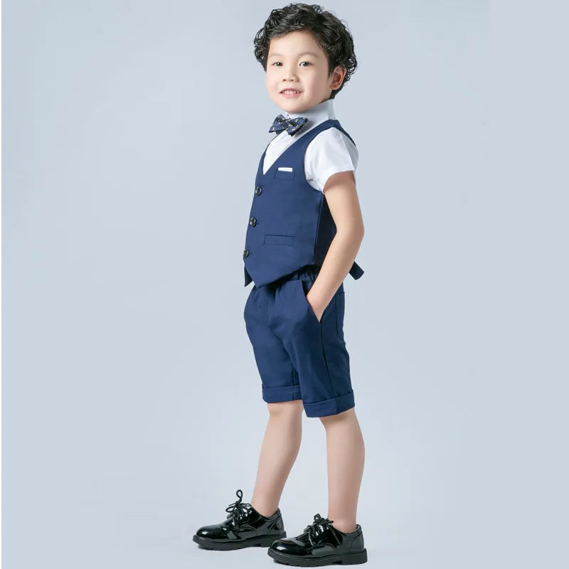 Boys Formal Birthday Photograph Suit Kids Summer Vest Shirt Short Bowtie Wedding Dress Teenager Suit Children Graduation Costume