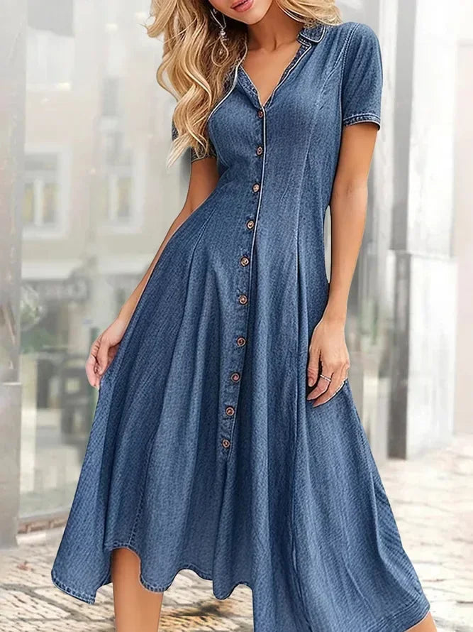 V-neck Single Breasted Denim Shirt Dress for Women Harajuku Summer Party Long Dresses Elegant Short-sleeved Slim-fit Denim Dress