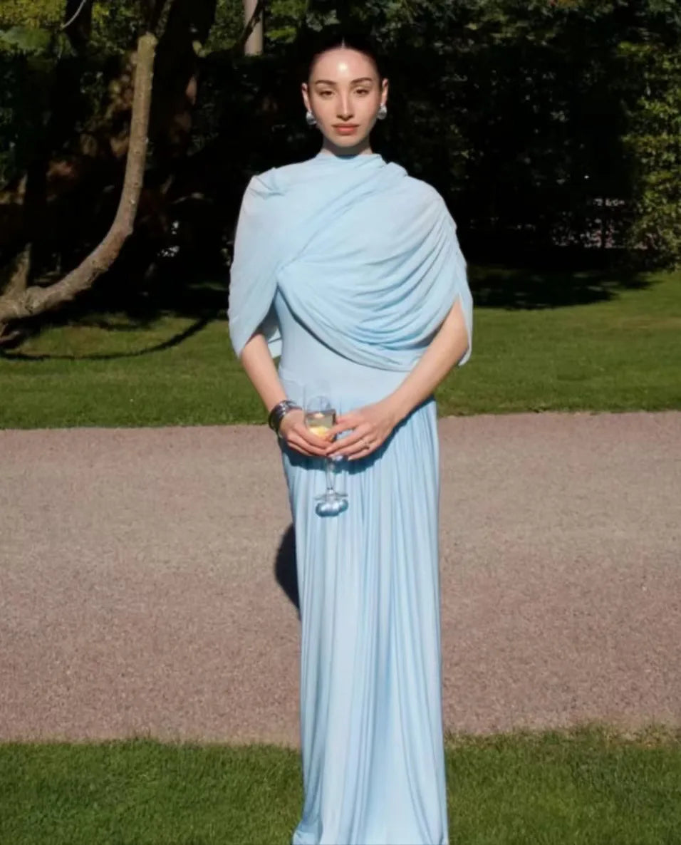 Elegant Shawl Ruched Asymmetrical Maxi Women Dress Summer Light Blue Slim Light Blue Party Dress Female Chic Evening Prom Gowns