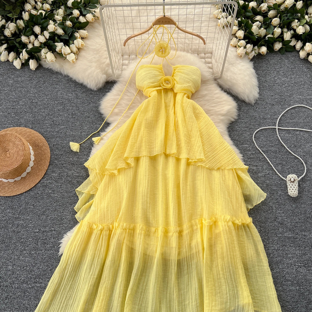 Elegant Sweet High Waist Hollow Out Asymmetric Three-dimensional Flower Halter Dress Vacation Slim Women Party Summer Dresses
