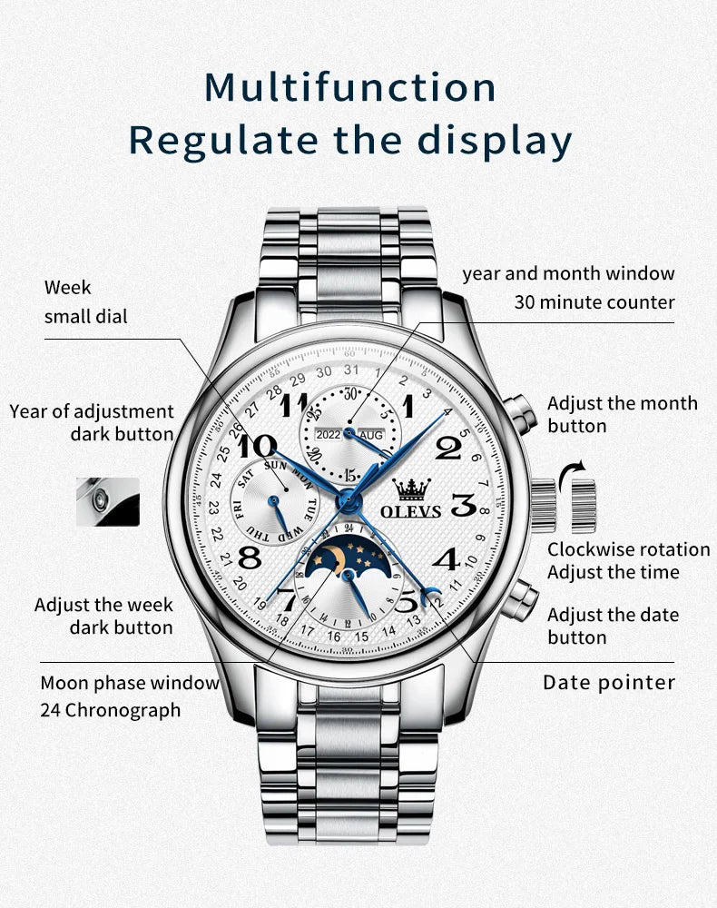 OLEVS Top Brand Luxury Automatic Mechanical Men Watches Moon Phase Steel Dress Fashion Business Waterproof Watch Reloj Hombre