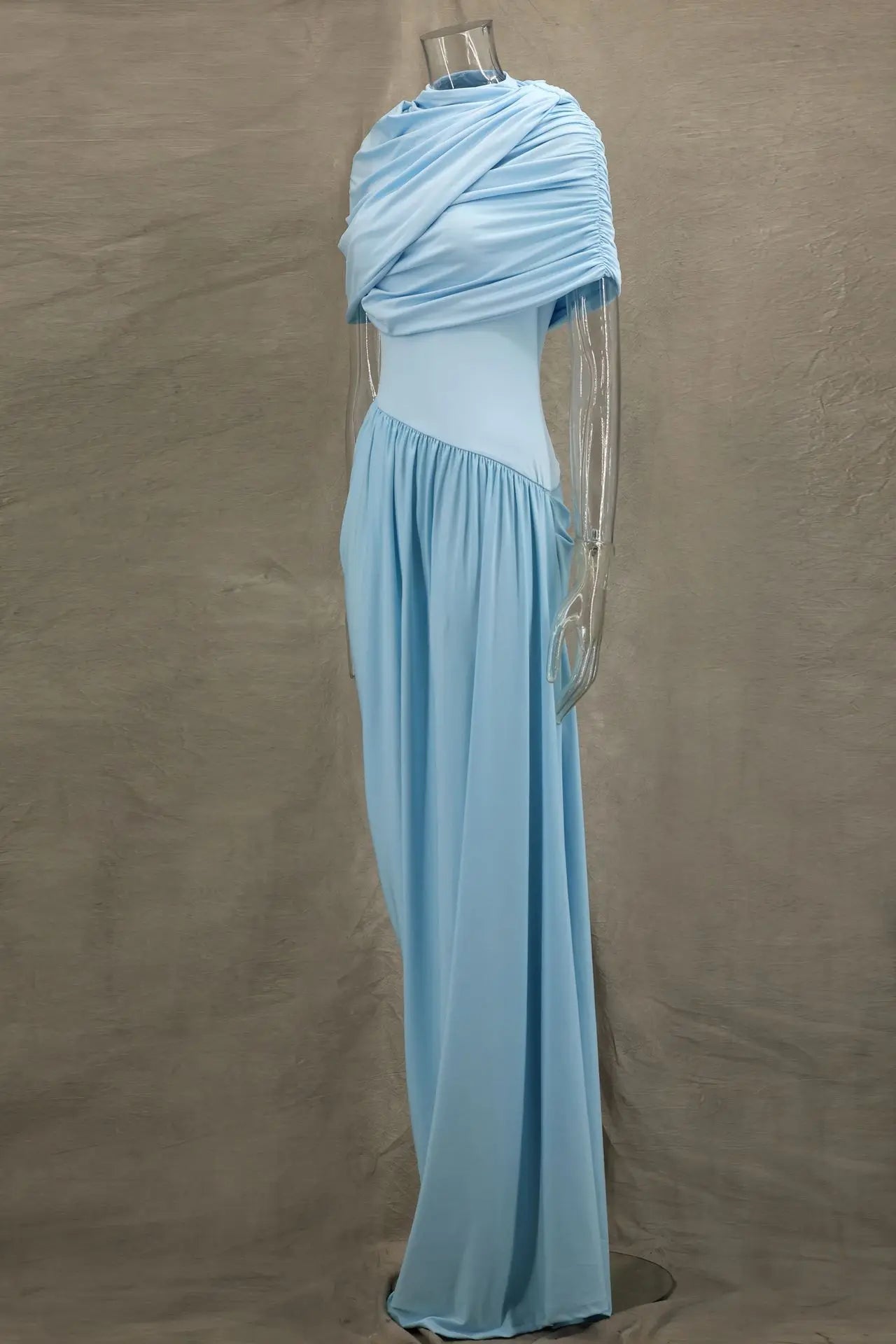 Elegant Shawl Ruched Asymmetrical Maxi Women Dress Summer Light Blue Slim Light Blue Party Dress Female Chic Evening Prom Gowns