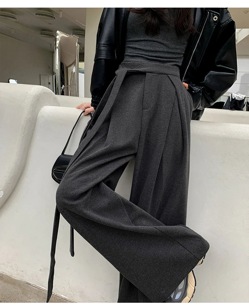 MEXZT Woolen Wide Leg Pants Women Fashion Lace Up Black Baggy Suit Pants Winter Streetwear Korean Casual Straight Trousers New