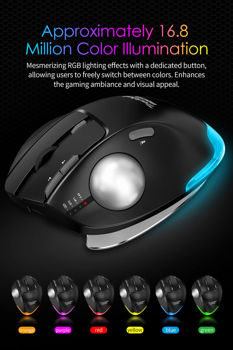 Wireless Bluetooth Trackball Mouse 2.4G RGB Ergonomic Rechargeable Rollerball Mice 3 Device Connection Thumb Control for PC iPad