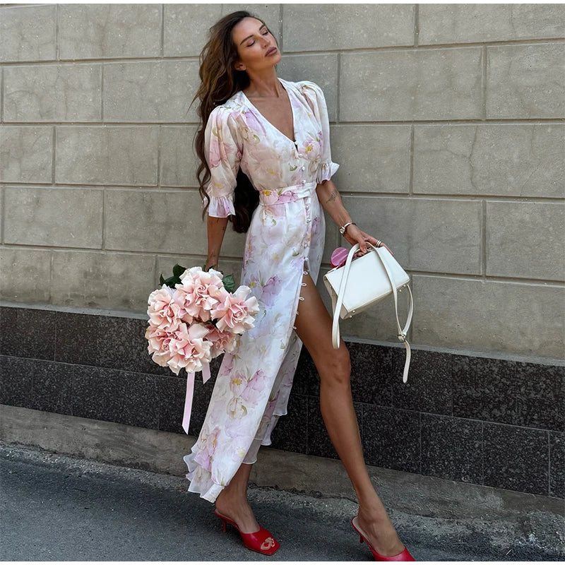 Elegant Printed Maxi Dress Women Half Sleeve V-Neck Button Waist-Closed Hip Package Ruffle Dresses 2026 Spring Summer Lady Robe