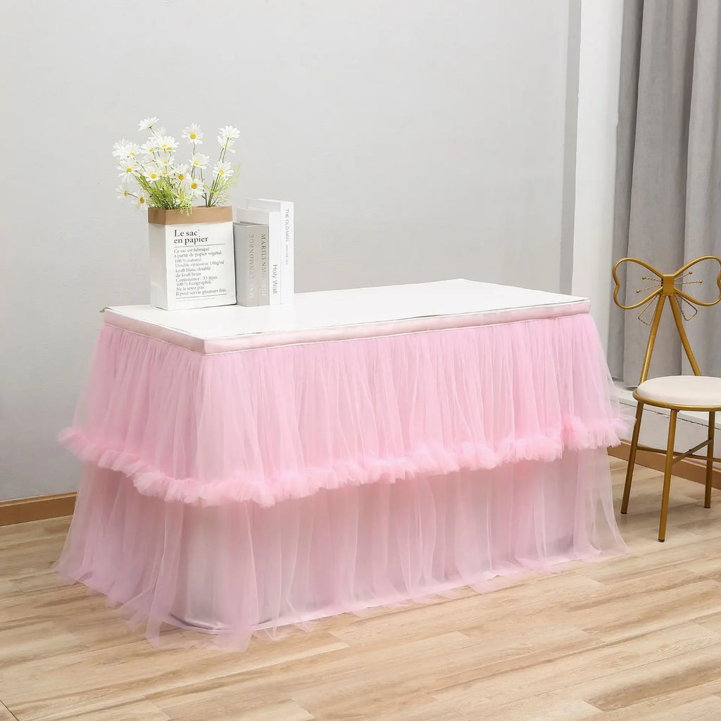 Wedding Tulle Table Skirt 6FT/9FT Purple Pink White Mesh Dining Table Decoration Table Cover For Wedding Reception Banquet