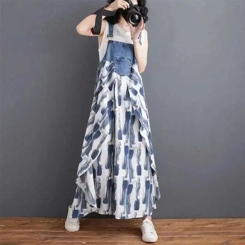 [EWQ] Sweet Women's Denim Dress Patchwork Contrasting Print Design Big Zise Casual Clothing Beautiful Sing Dresses 16O1075