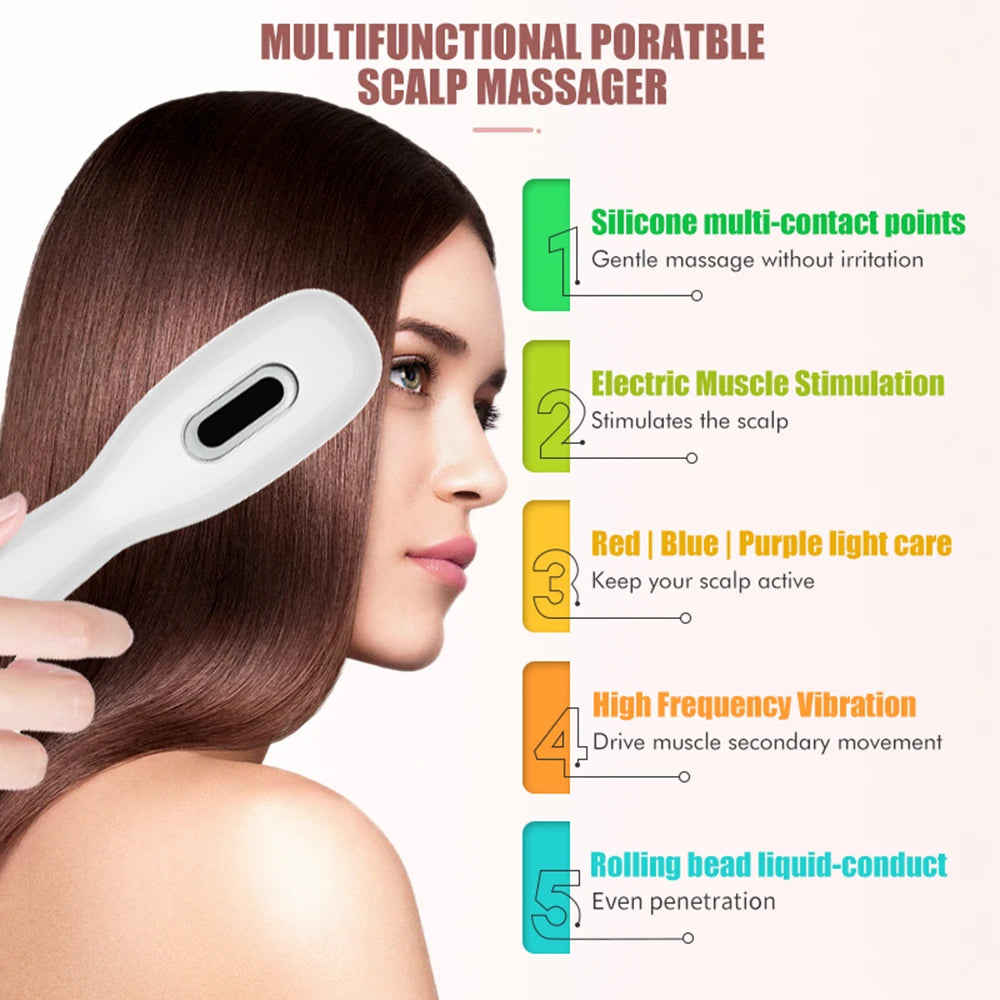 EMS Electric Massage Comb Blue Red Purple Light Therapy Vibration Hair Growth Scalp Brush Liquid Oil Applicator Anti Hair Loss