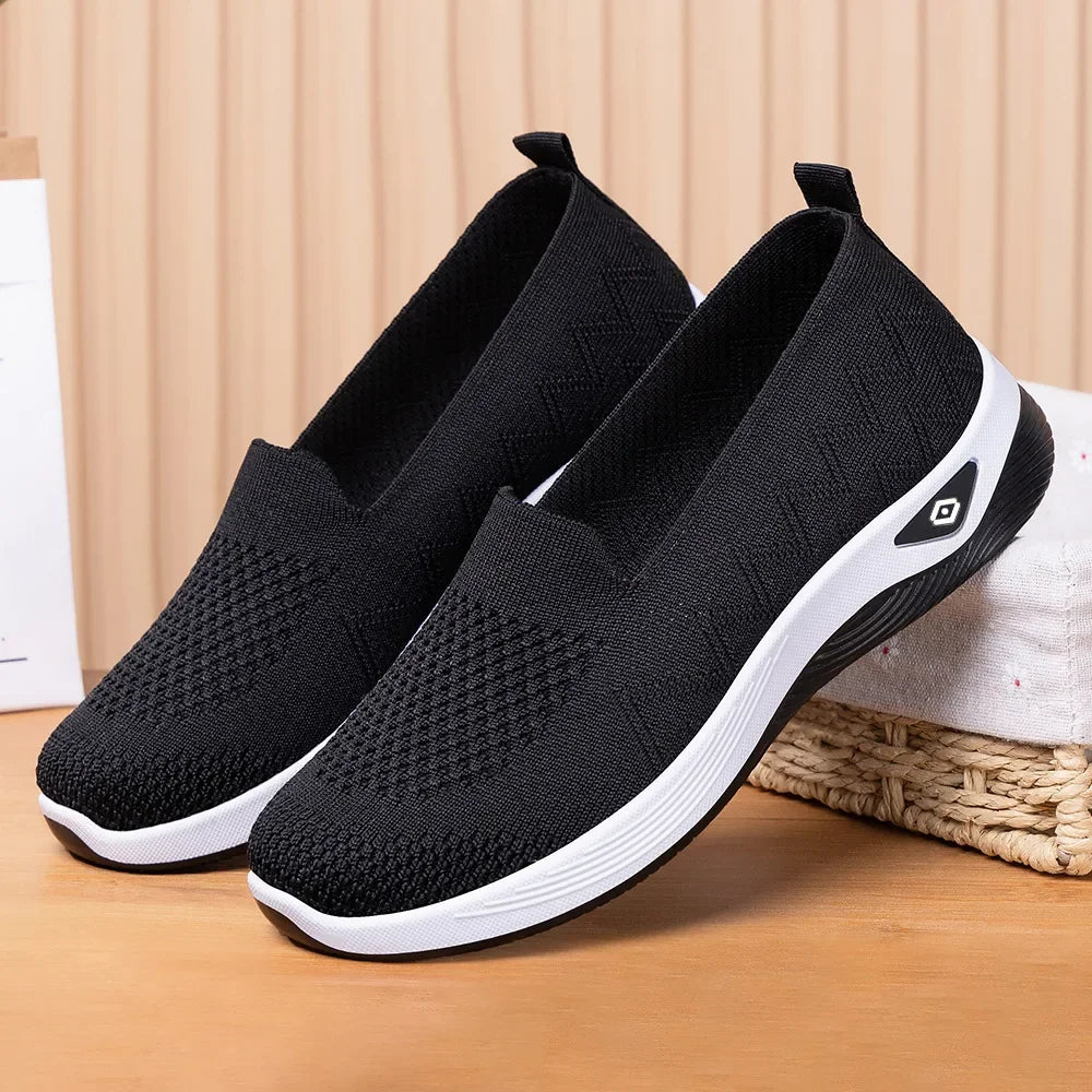 Women's Solid Color Breathable Sneakers, Soft Sole Lightweight Slip On Walking Shoes, Low-top Knitted Casual Shoes