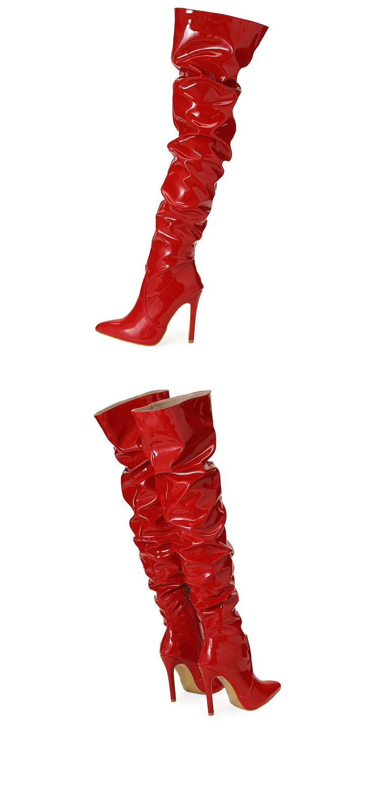 Eilyken High Quality Pleated Patent Leather Motorcycle Over The Knee Boots Women Fashion Pointed Toe Zip Thigh High Lady Shoes