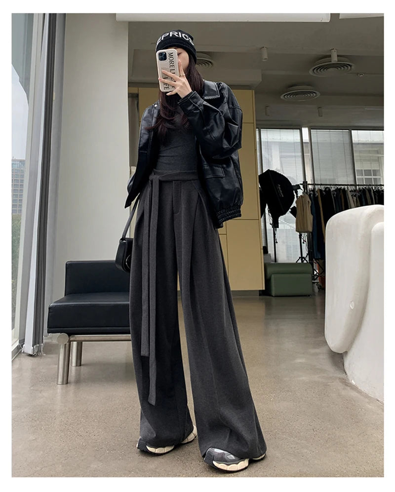 MEXZT Woolen Wide Leg Pants Women Fashion Lace Up Black Baggy Suit Pants Winter Streetwear Korean Casual Straight Trousers New