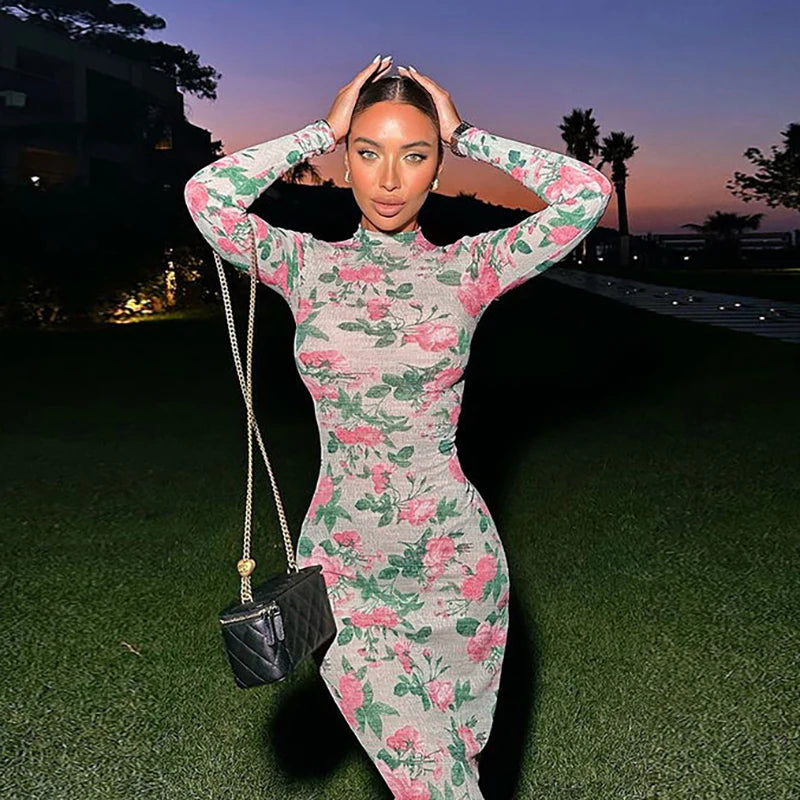 Mozision Bodycon Long Sleeve Half High Collar Print Zipper Elegant Maxi Dress Women Slim High Waist Sexy Dress Ladies Outfits