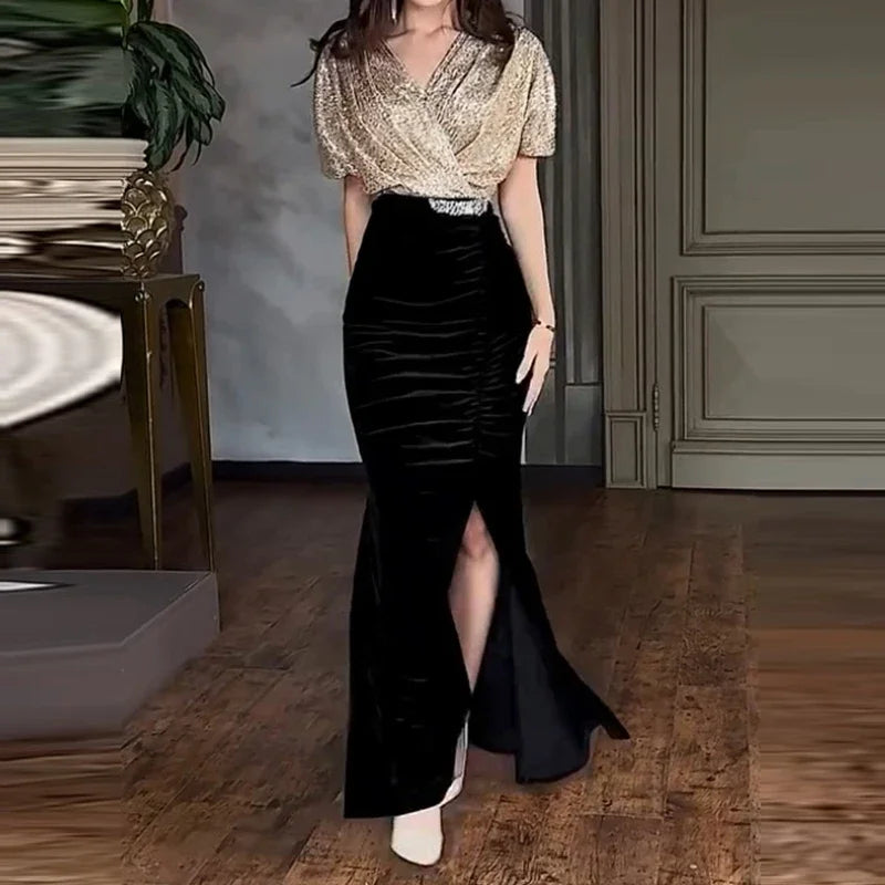 Sexy Elegant Sequin Velvet Slimming Party Dresses Women V Neck Sparkling Ball Gathering Club Split Long Dress Women Clothing