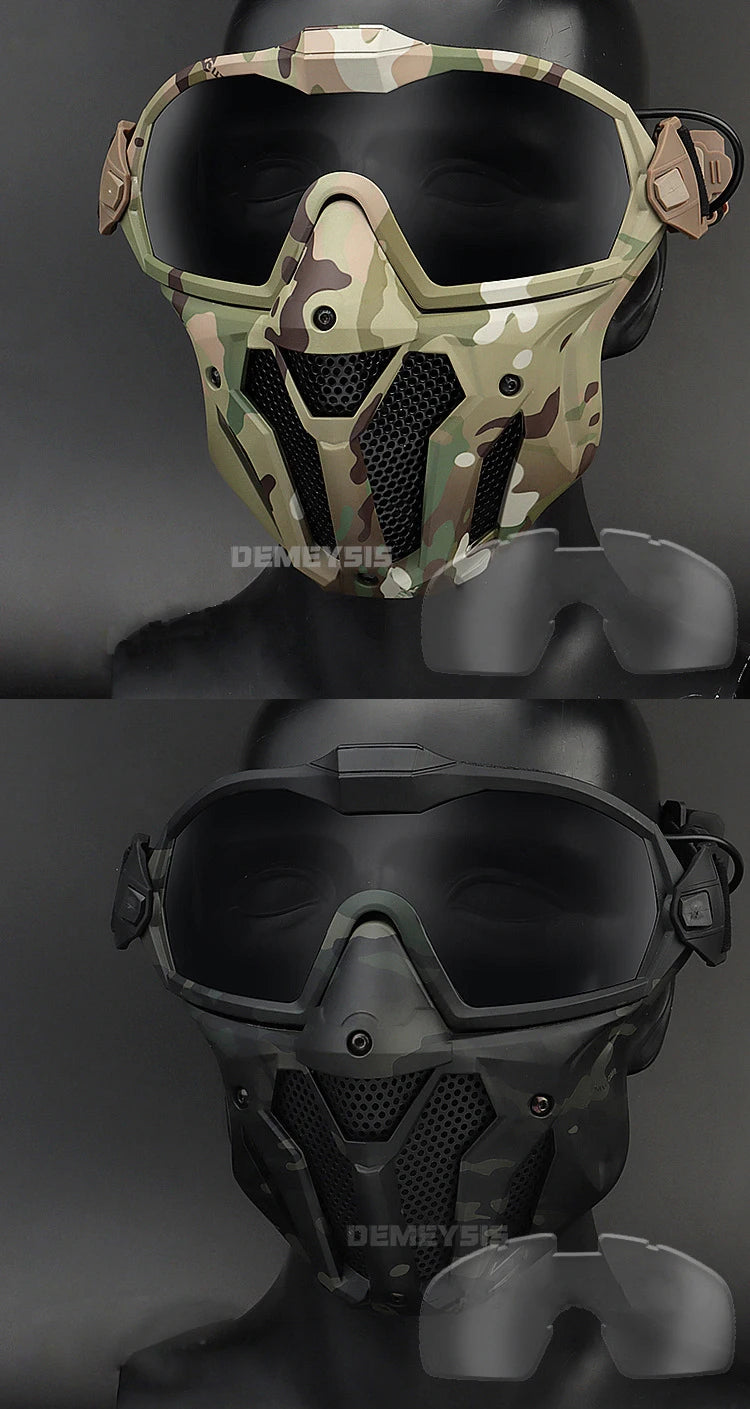 Tactical Full Face Mask Anti-fog Fan Shooting Safety Protective Equipment Hunting Airsoft Paintball Detachable Goggles Masks Set