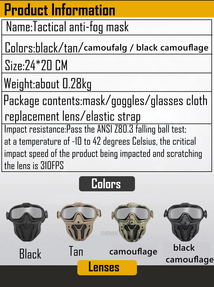Tactical Full Face Mask Anti-fog Fan Shooting Safety Protective Equipment Hunting Airsoft Paintball Detachable Goggles Masks Set